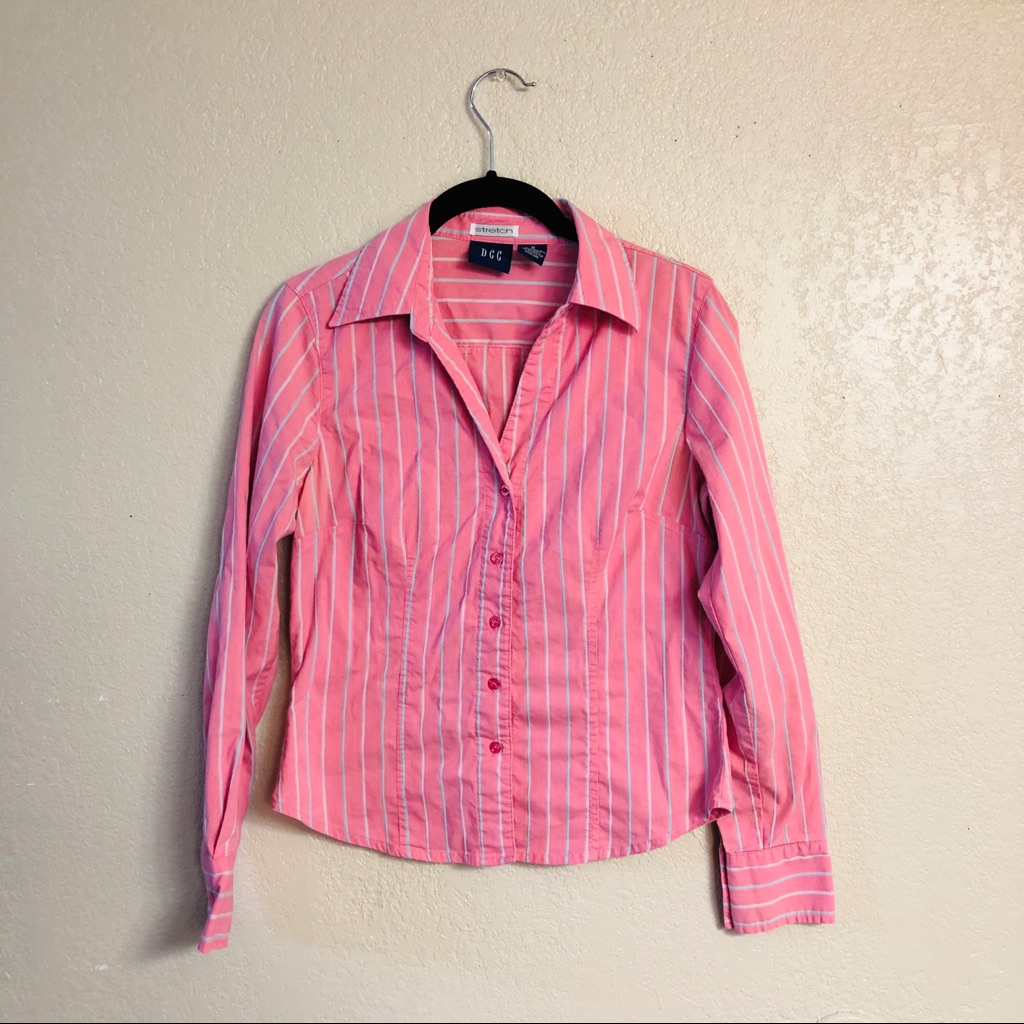 Pink/Silver Vertical Stripe Button-Down Shirt (M)